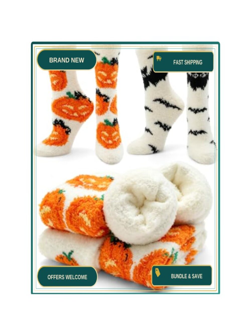 Fuzzy Halloween Slipper Socks 2 Pairs Bat Pumpkin Cozy Womens